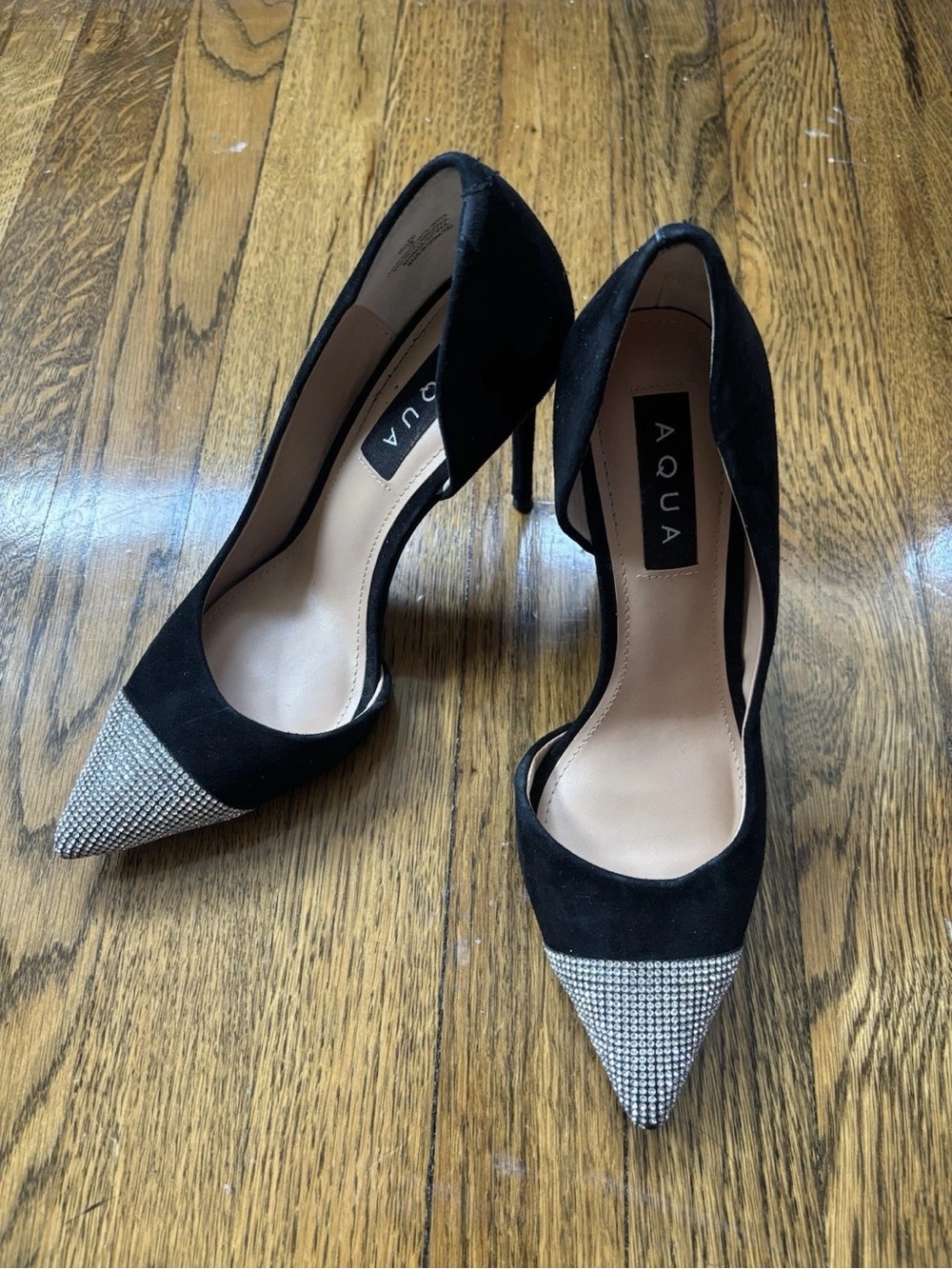 Aqua Black Pointed Crystal Cap-Toe Stiletto Heels